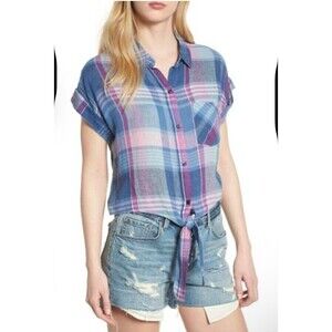 Rails Amelie Tie-Front Plaid Shirt Purple and Blue Collar Button Down M